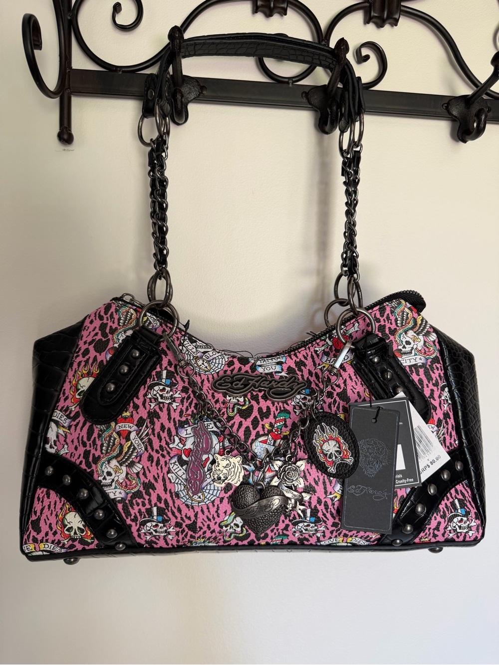 Ed Hardy Pink Tattoo-Print Shoulder Bag with Black Chain Handles NWT $80 msrp